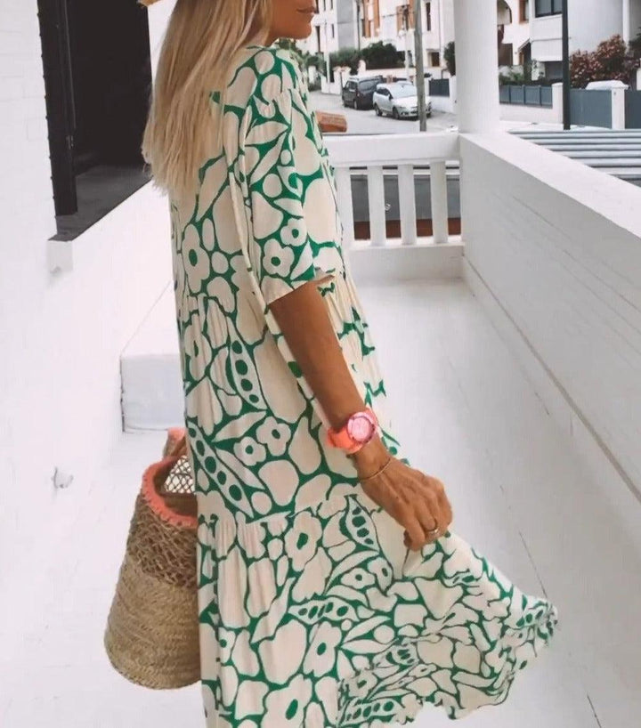 Henna | Green Short Sleeve Print Maxi Dress