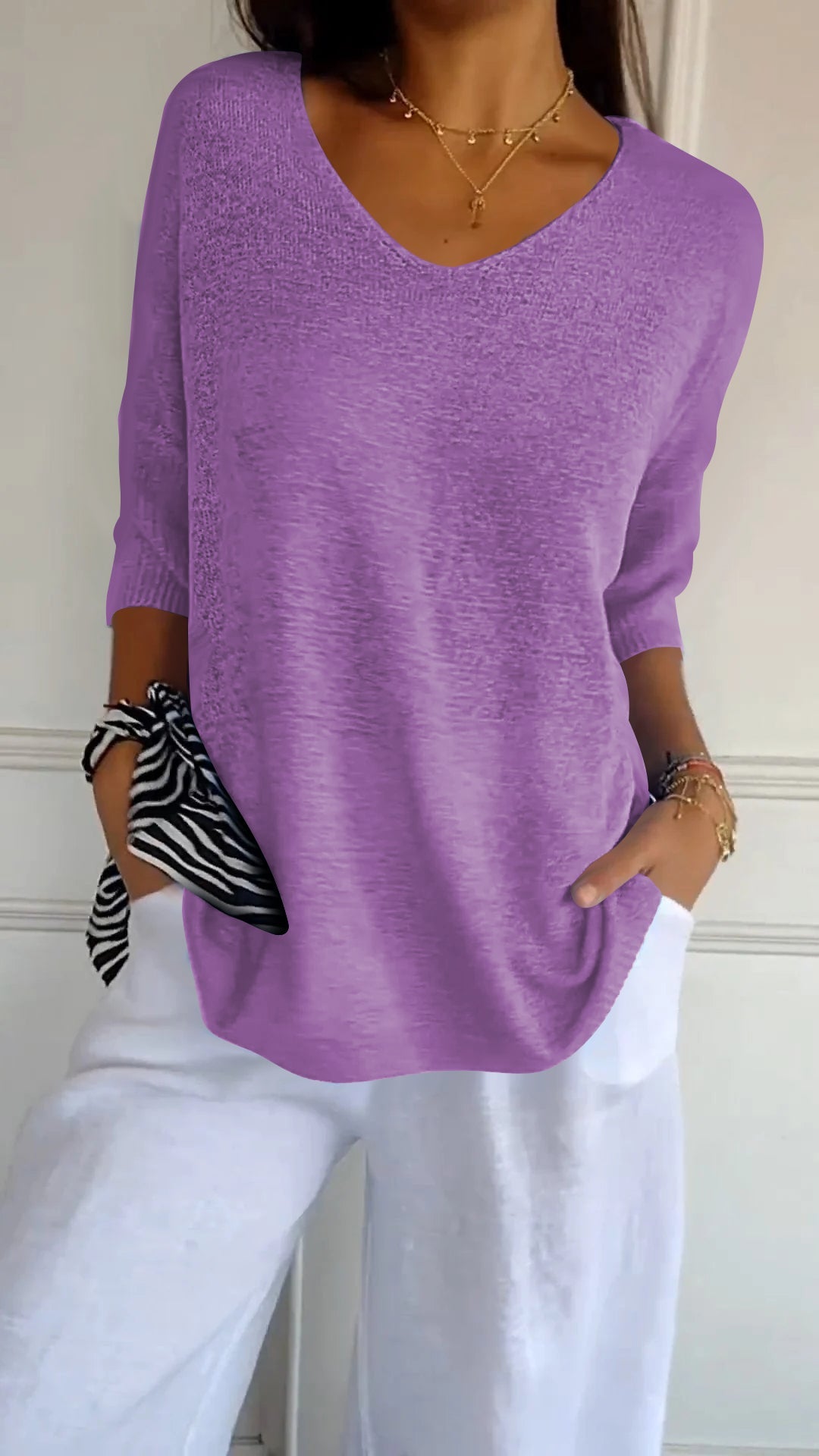 Evie™ Solid Color Knitted Top with V-Neck