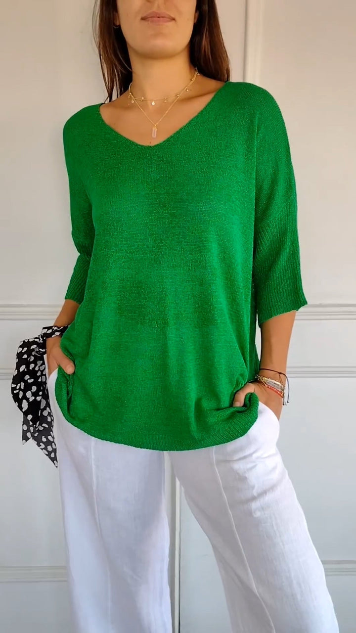 Evie™ Solid Color Knitted Top with V-Neck