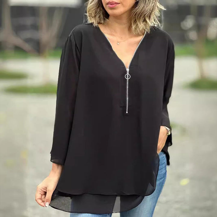 Freya | Chiffon zipper top with V-neck