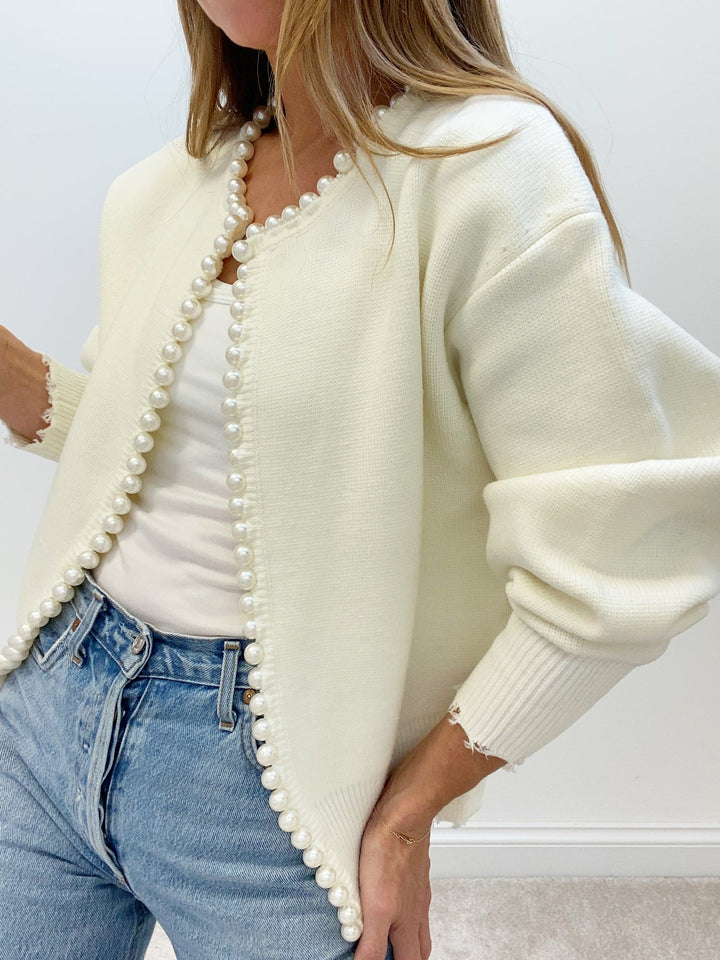 Eliza - Pearl Trim Ripped Hem Cardigan