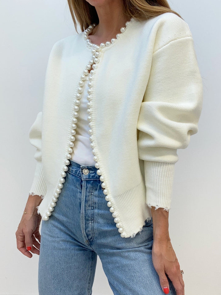 Eliza - Pearl Trim Ripped Hem Cardigan