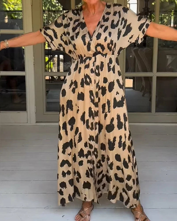 Leopard print V-neck loose maxi dress