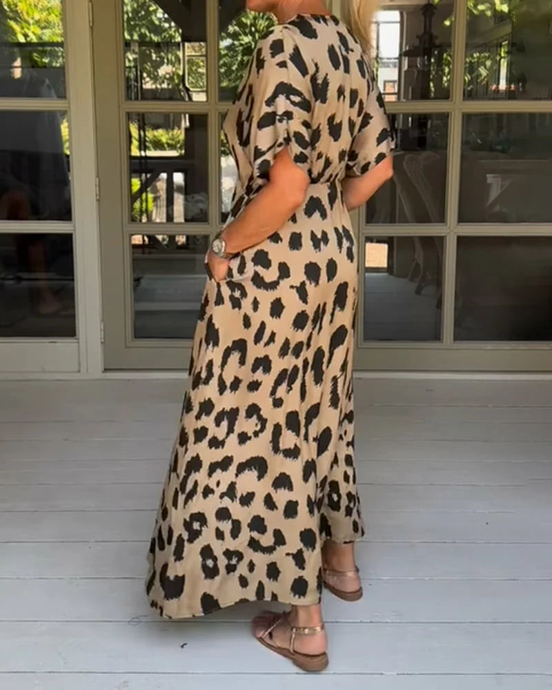 Leopard print V-neck loose maxi dress