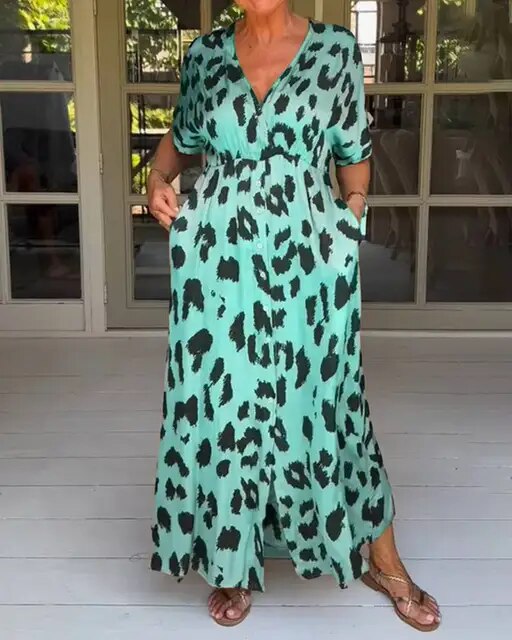 Leopard print V-neck loose maxi dress