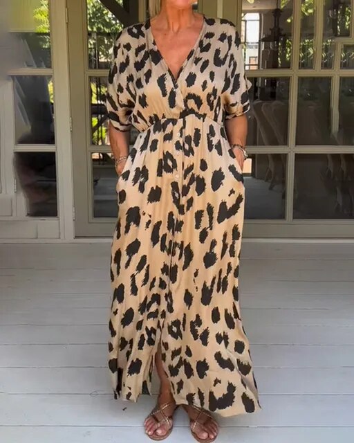 Leopard print V-neck loose maxi dress