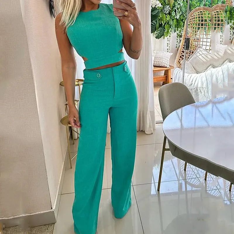 Matilda | Chique cropped top and high waist Long pants - set