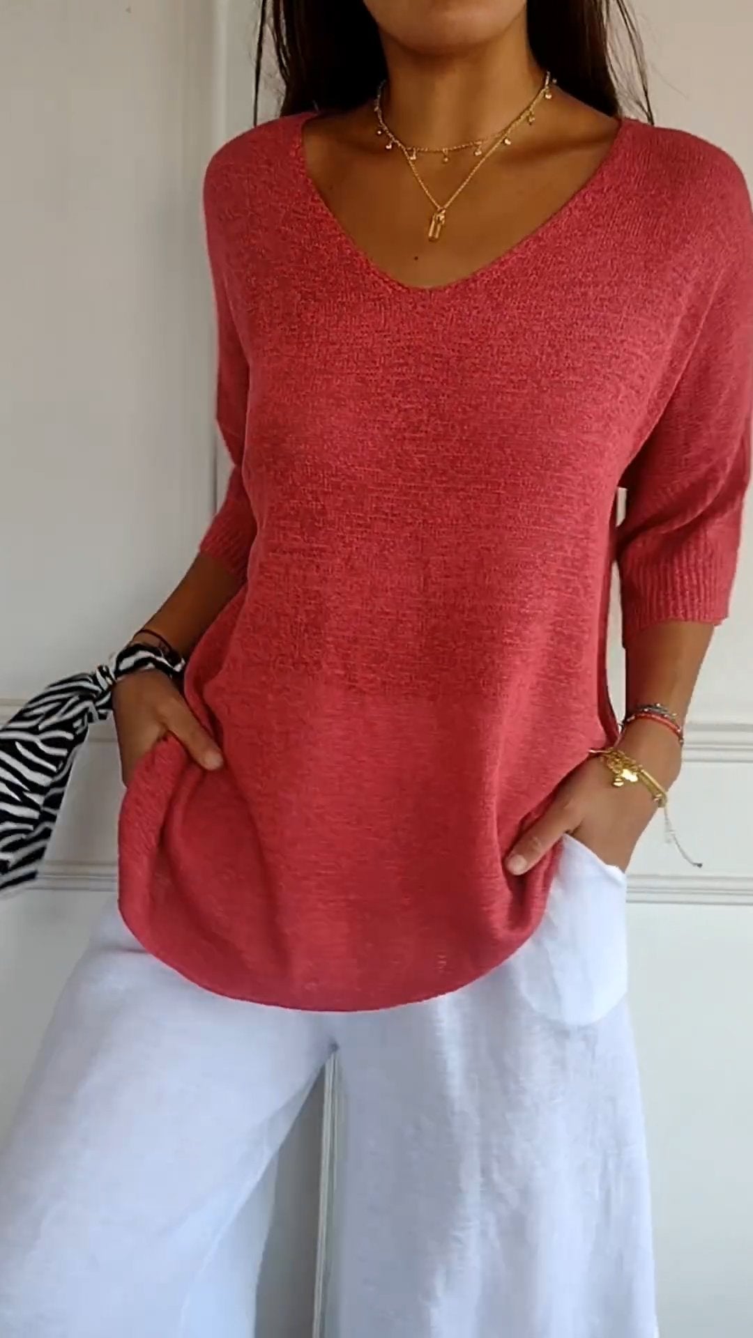 Evie™ Solid Color Knitted Top with V-Neck